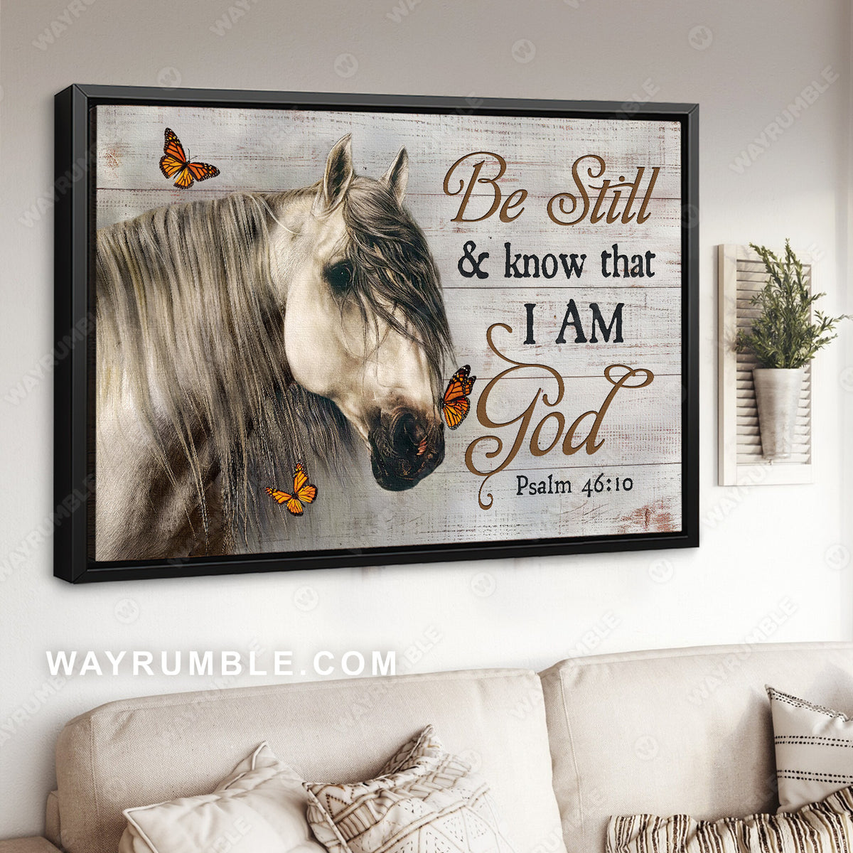 Horse painting, Monarch butterfly, Wild animal, Be still and know that I am God - Jesus Landscape Canvas Prints, Christian Wall Art