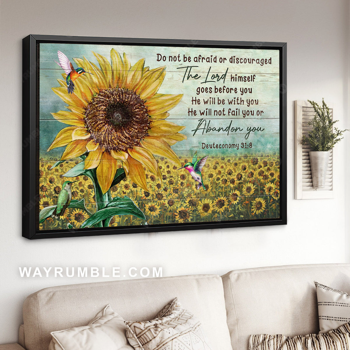 Sunflower field, Hummingbird drawing, Do not be afraid or discouraged - Jesus Landscape Canvas Prints, Home Decor Wall Art