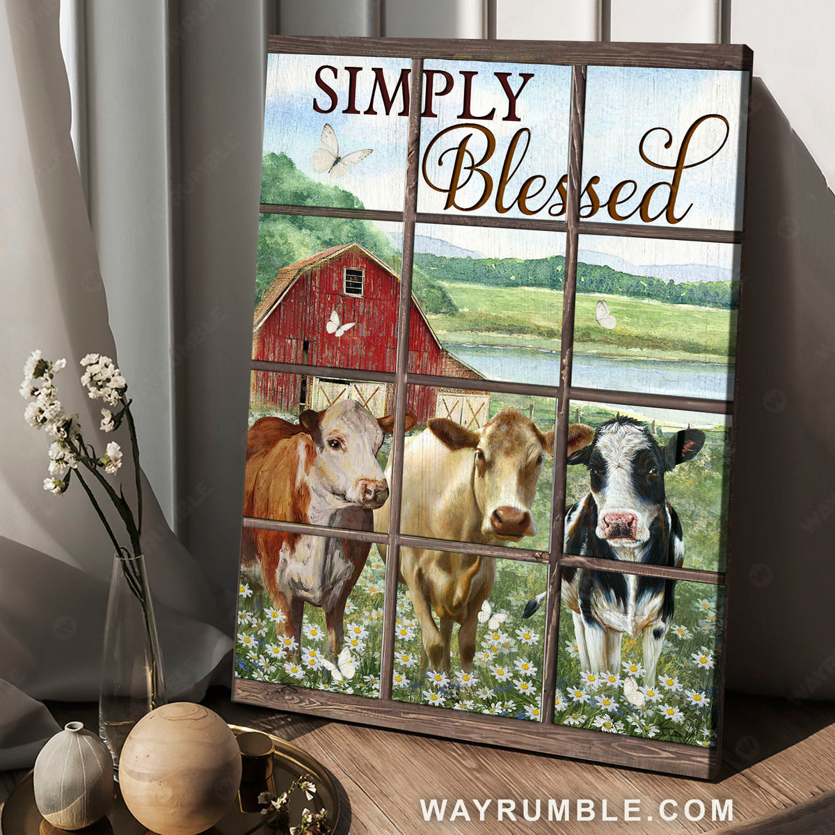 Cow painting, Daisy field, Rustic farmhouse, Window frame, Simply blessed - Jesus Portrait Canvas Prints, Home Decor Wall Art