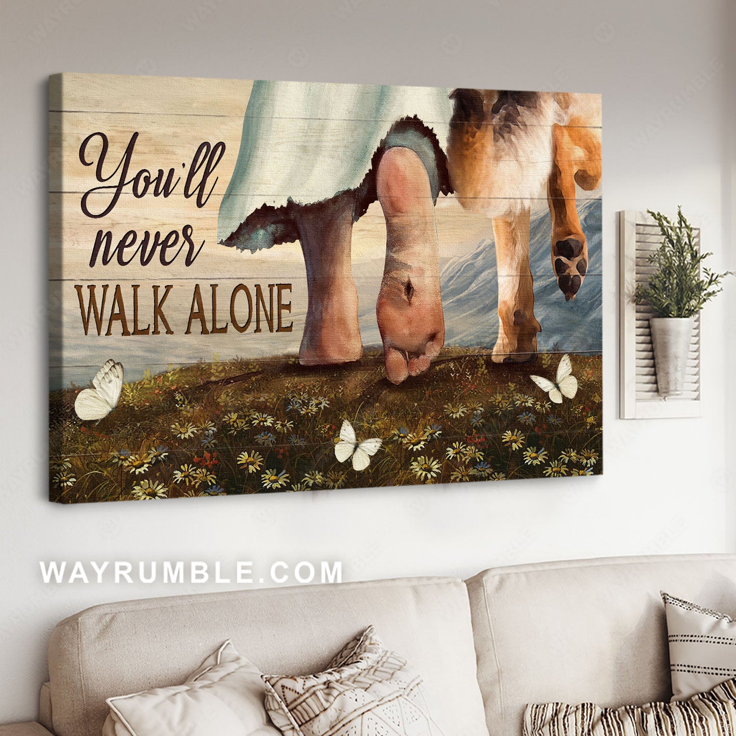 German Shepherd, Dog lover, White butterfly, Daisy field, You'll never walk alone - Jesus Landscape Canvas Prints, Christian Wall Art