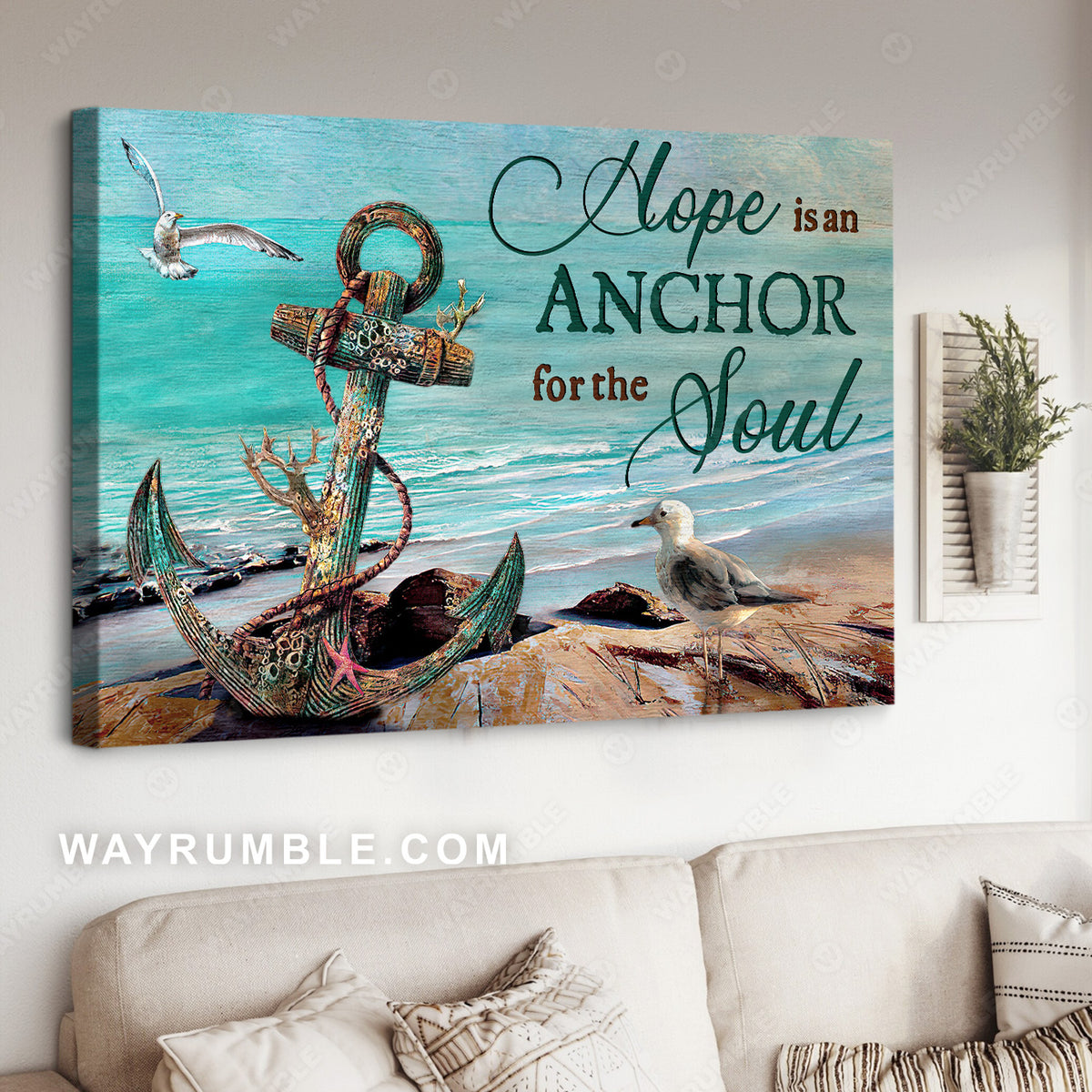 Antique anchor, Brilliant ocean, Seagull, Hope is an anchor for the soul - Jesus Landscape Canvas Prints, Christian Wall Art