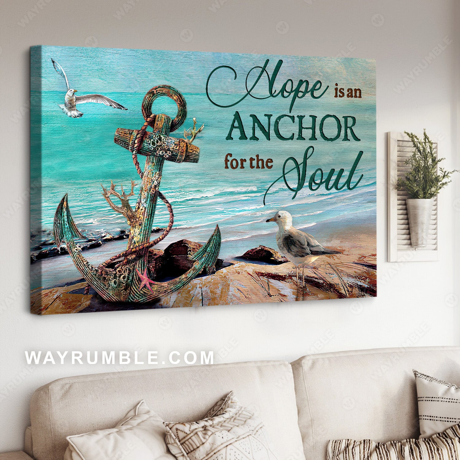 Antique anchor, Brilliant ocean, Seagull, Hope is an anchor for the soul - Jesus Landscape Canvas Prints, Christian Wall Art