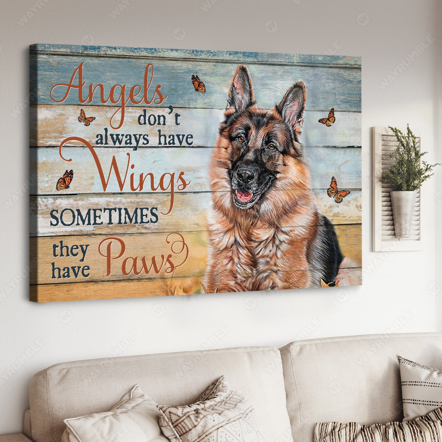 German Shepherd, Dog lover, Monarch butterfly, Angels don't always have wings - Jesus Landscape Canvas Prints, Home Decor Wall Art