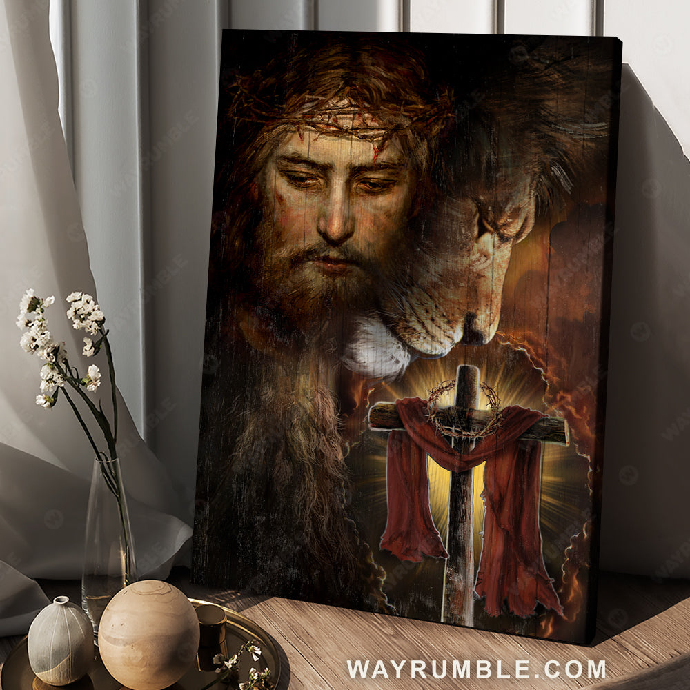 Abstract Jesus painting, Lion of Judah, Amazing wooden cross, Religious art - Jesus Portrait Canvas Prints, Christian Wall Art