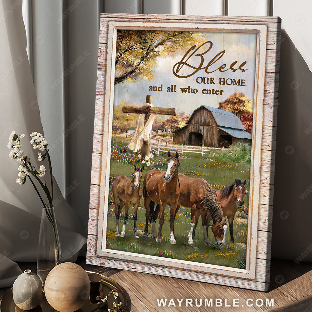 Brown horses, Meadow land, Flower field, Bless our home and all who enter - Jesus Portrait Canvas Prints, Christian Wall Art