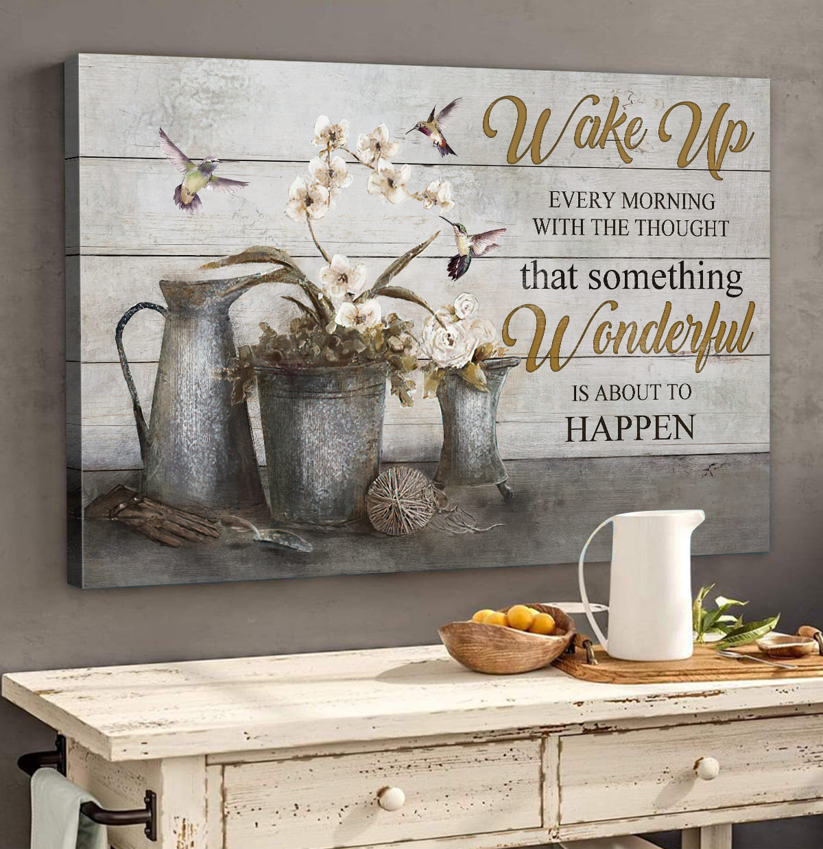 Orchid vase, Hummingbird, Still Painting, Wake up every morning with the thought that something wonderful is about to happen - Jesus Landscape Canvas Prints, Wall Art