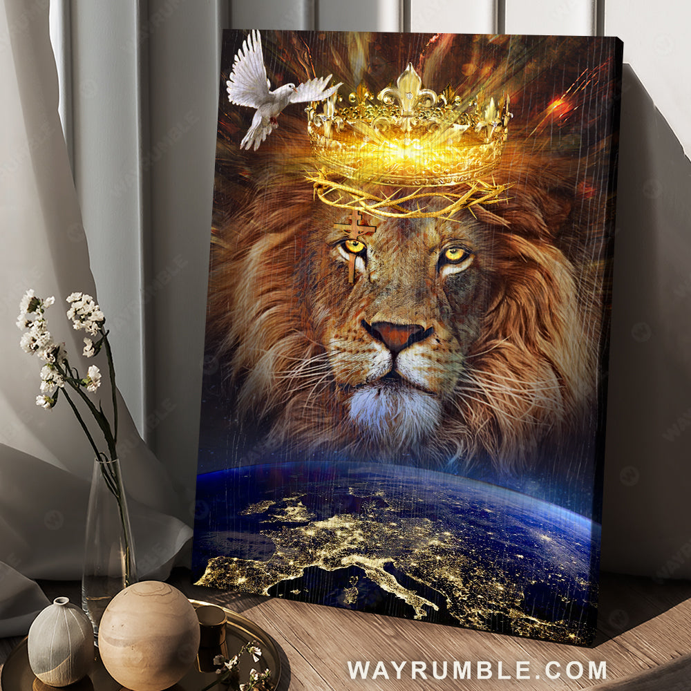 Earth drawing, Lion of Judah, Holy spirit dove, Gorgeous king crown - Jesus Portrait Canvas Prints, Christian Wall Art