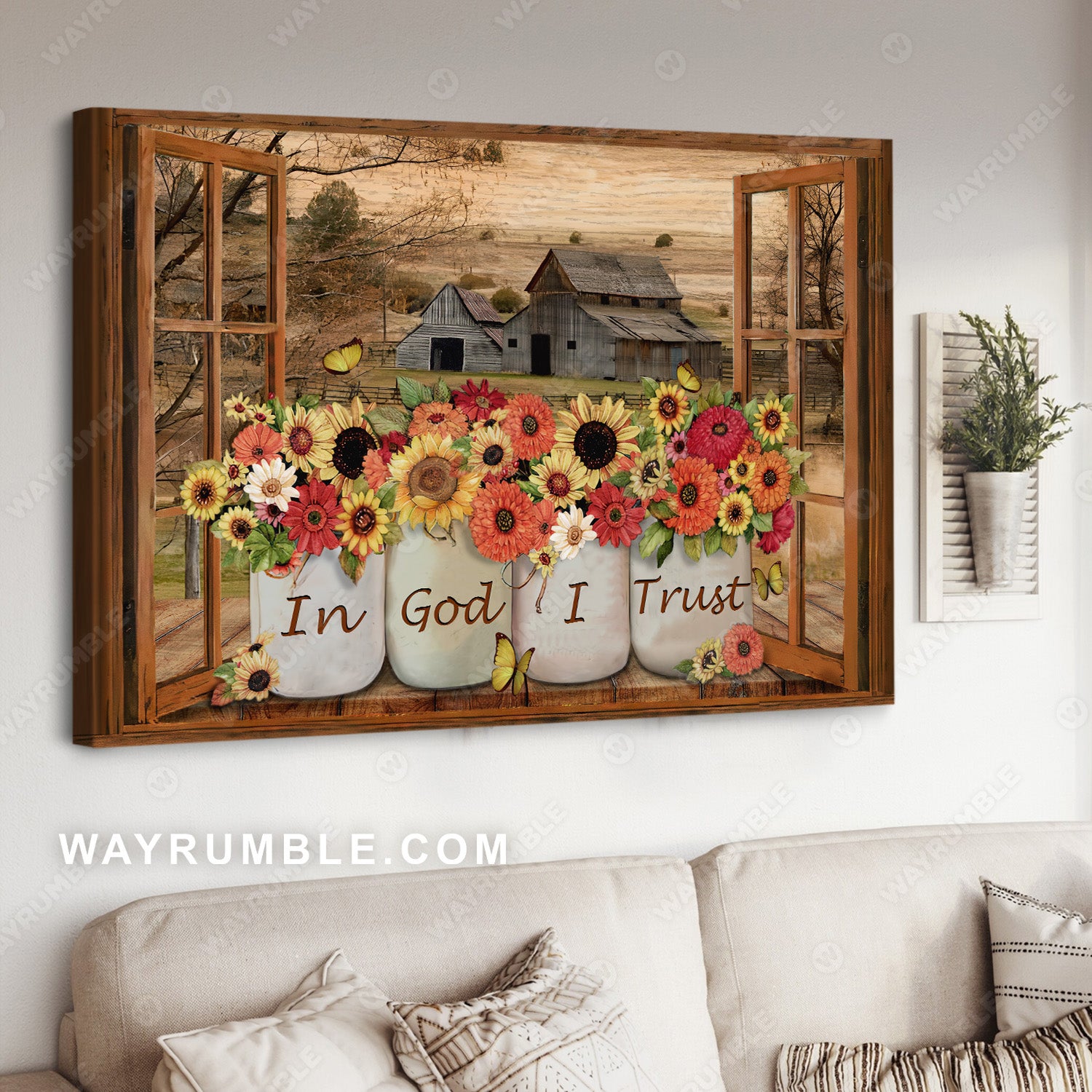 Barn on farm, Types of flowers, Yellow butterfly, In God I trust - Jesus Landscape Canvas Prints, Christian Wall Art