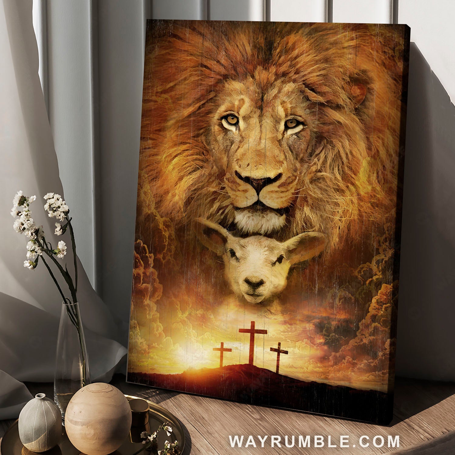Awesome lion head, Lion of Judah, Lamb of God, Three crosses on hill - Jesus Portrait Canvas Prints, Christian Wall Art