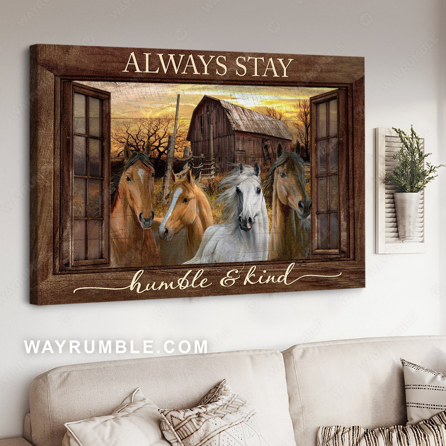 Horse painting, Rustic farmhouse, Wooden windows, Always stay humble & kind - Jesus Landscape Canvas Prints, Christian Wall Art