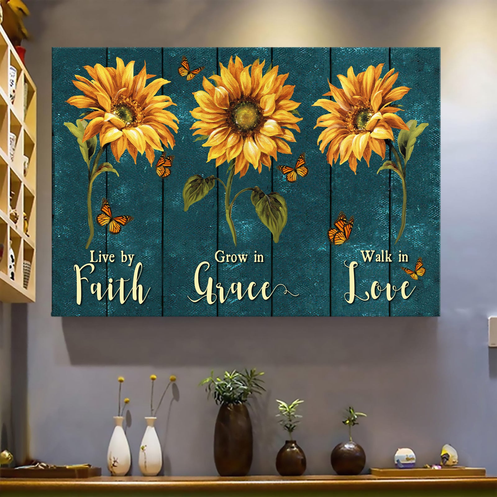Sunflower, Butterfly, Faith, grace, love - Jesus Landscape Canvas Prints, Wall Art