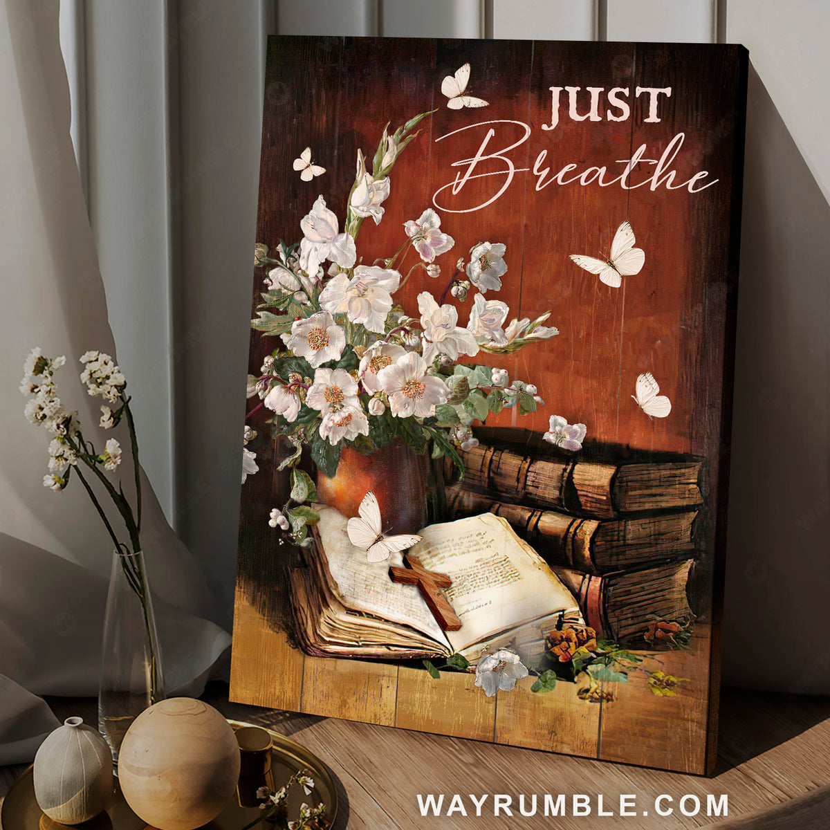 Flower vase, Butterfly, Books, Wooden cross, Just breathe - Jesus Portrait Canvas Prints, Christian Wall Art