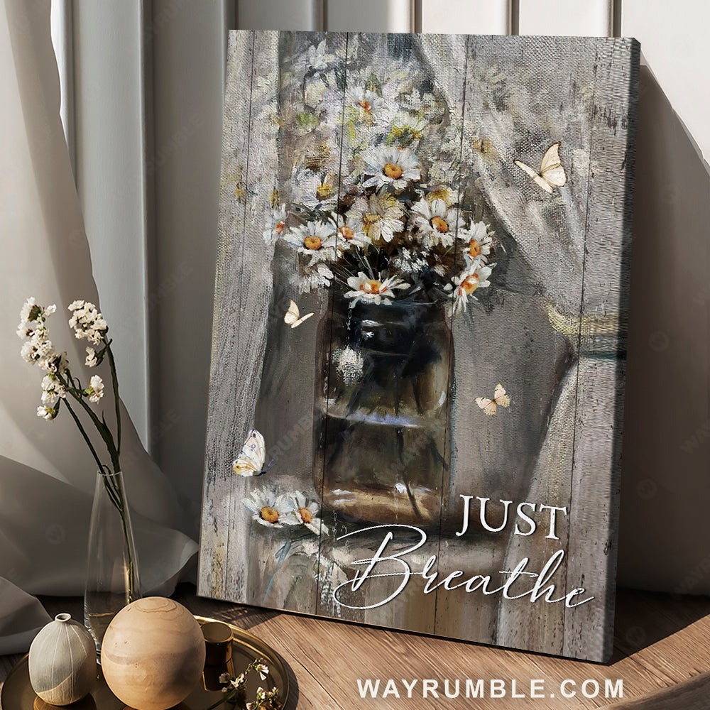 Watercolor daisy, Brown vase, Pretty butterfly, Just breathe - Jesus Portrait Canvas Prints, Christian Wall Art