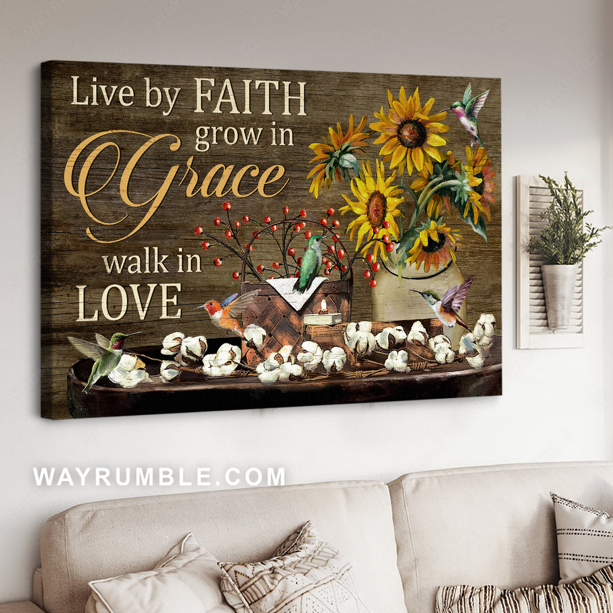 Inspirational quote, Sunflower vase, Hummingbirds, Grow in grace, Walk in love - Jesus Landscape Canvas Prints, Home Decor Wall Art
