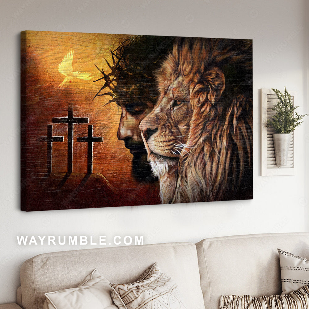 Holy spirit dove, Three crosses on hill, Jesus Christ, Awesome Lion of Judah - Jesus Landscape Canvas Prints, Christian Wall Art