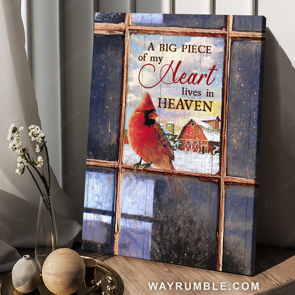 Glass window, Red cardinal, Snowy farm, A big piece of my heart lives in heaven - Jesus Portrait Canvas Prints, Home Decor Wall Art