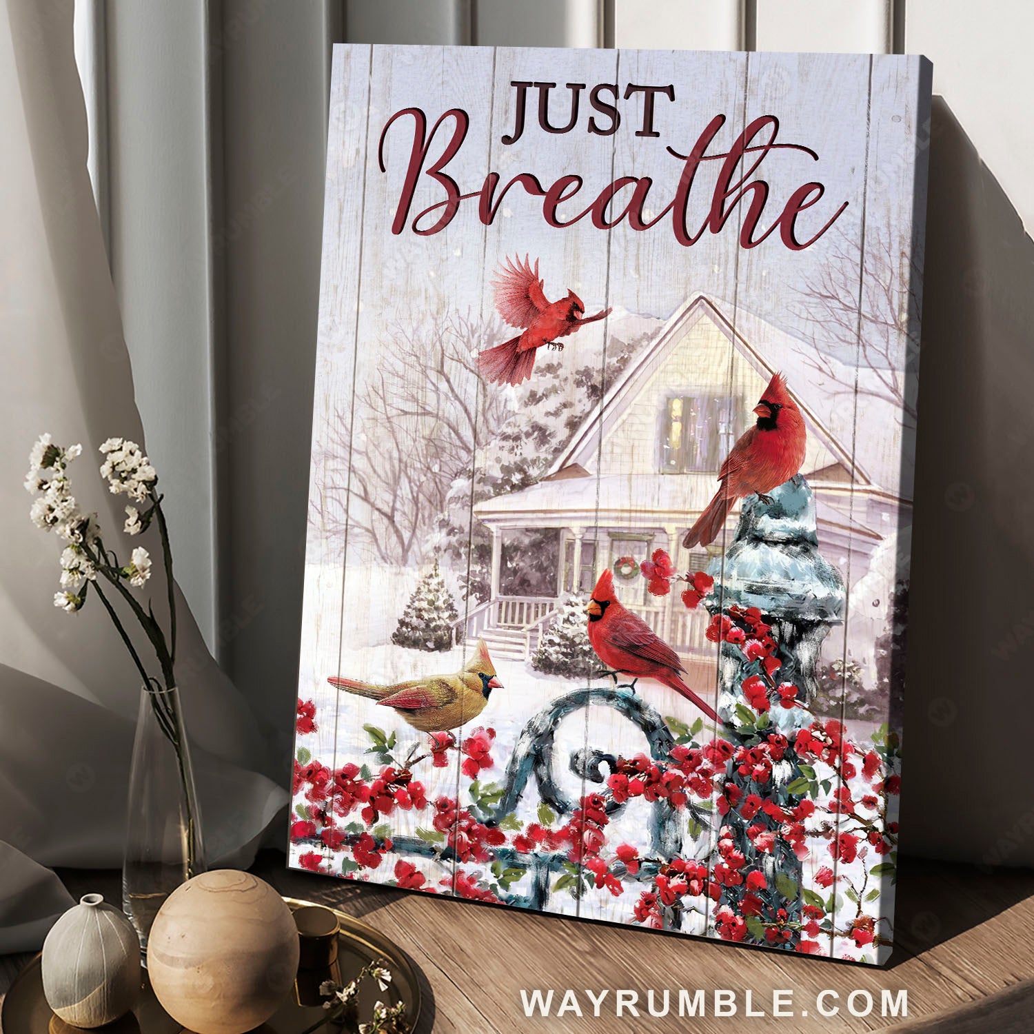 Cardinal painting, Winter season, Red flower, Beautiful snowfall, Just breathe - Jesus Portrait Canvas Prints, Home Decor Wall Art