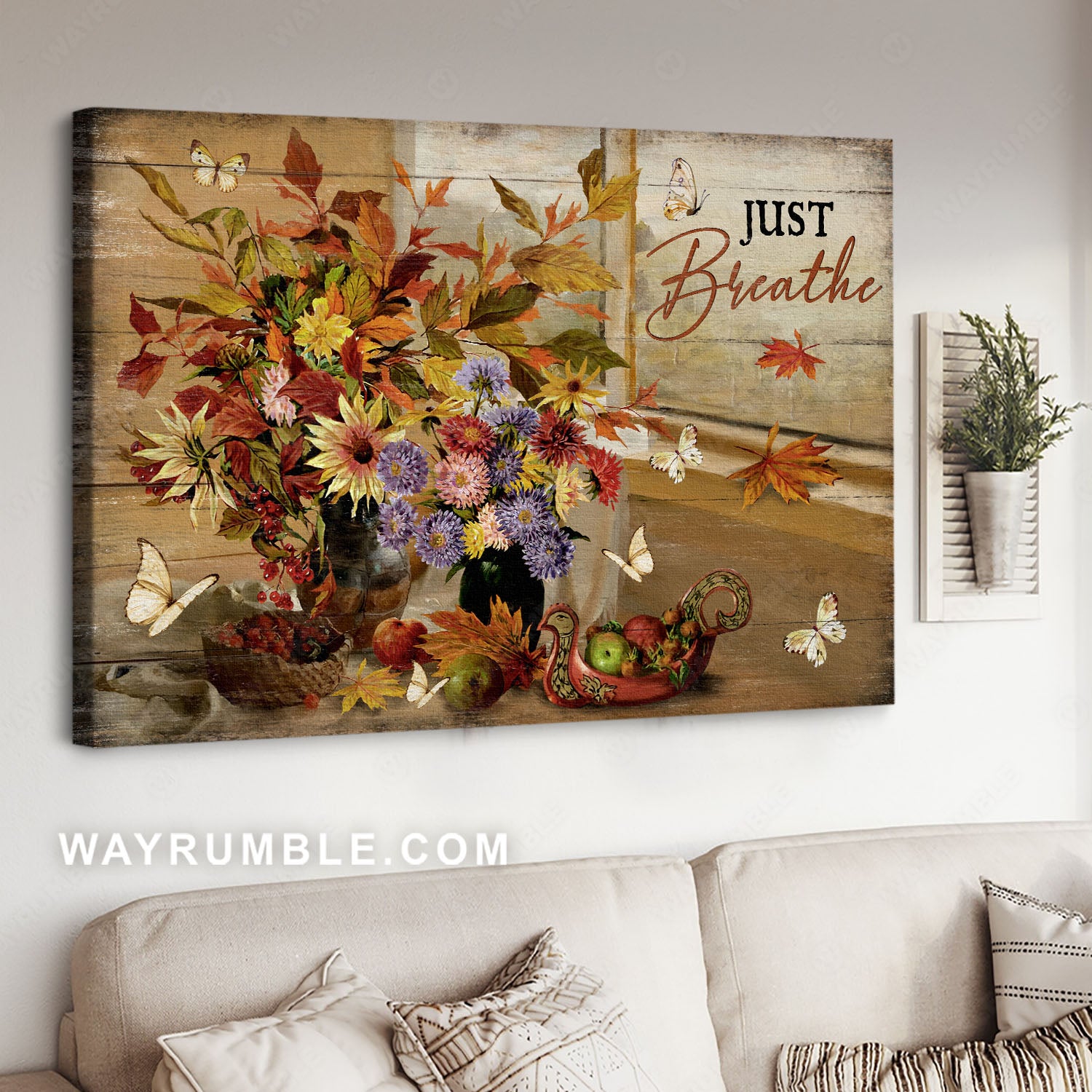 Colorful flower painting, White butterfly, Autumn season, Just breathe - Jesus Landscape Canvas Prints, Christian Wall Art