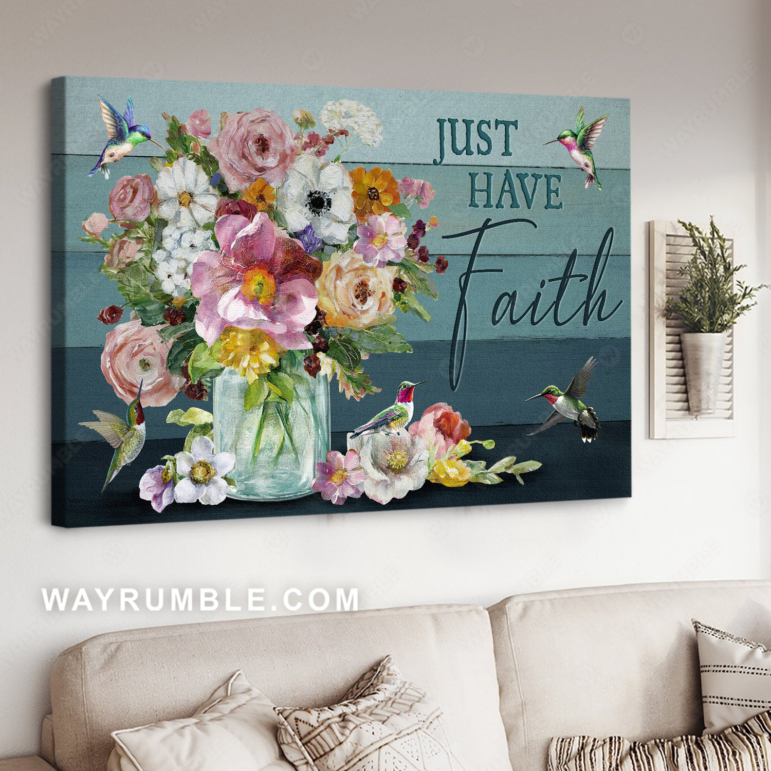 Hummingbird drawing, Watercolor flower, Inspirational quote, Just have faith - Jesus Landscape Canvas Prints, Home Decor Wall Art