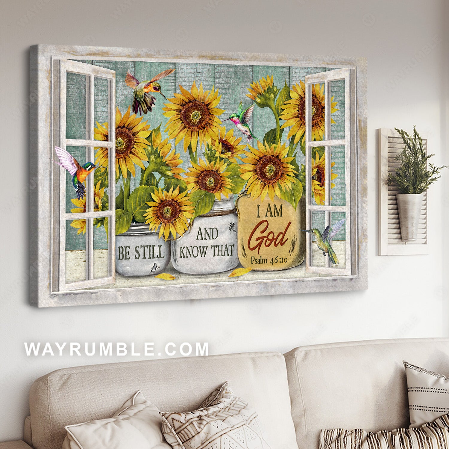 Hummingbird painting, Watercolor sunflower, Be still and know that I am God - Jesus Landscape Canvas Prints, Home Decor Wall Art