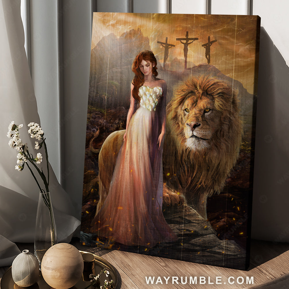 Lion of Judah, Religious painting, Three wooden crosses, Beautiful woman and lion - Jesus Portrait Canvas Prints, Home Decor Wall Art