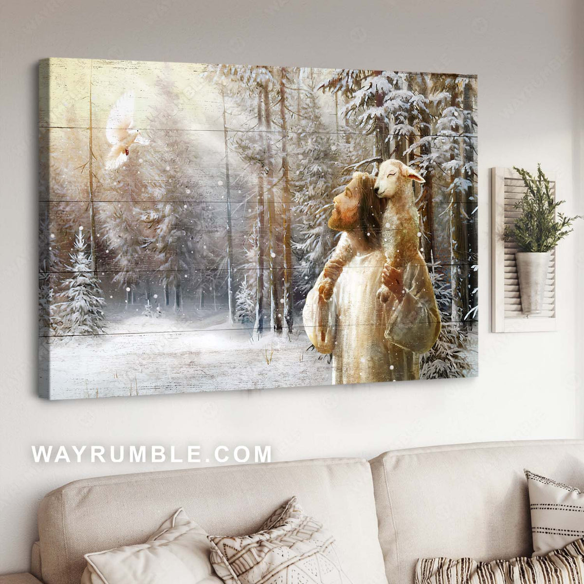 Holy spirit dove, Lamb of God, Jesus painting, In a snowy forest - Jesus Landscape Canvas Prints, Christian Wall Art