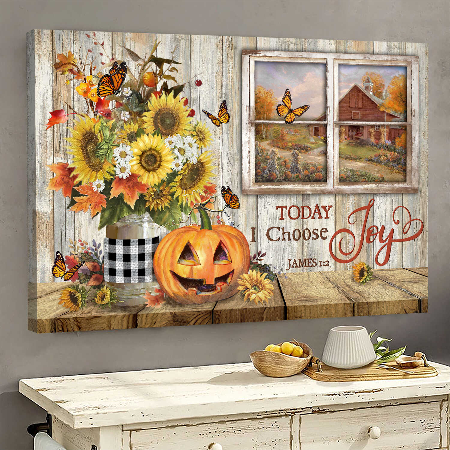 Sunflower, Halloween pumpkin, Butterfly, By the window, Today I choose joy - Jesus Landscape Canvas Prints, Wall Art