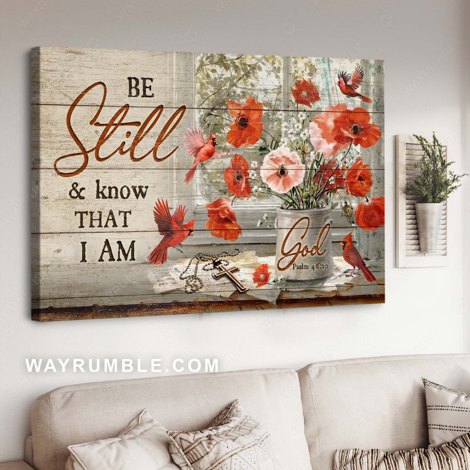 Poppy flower, Red cardinal, Vintage room, Be still & know that I am God - Jesus Landscape Canvas Prints, Home Decor Wall Art