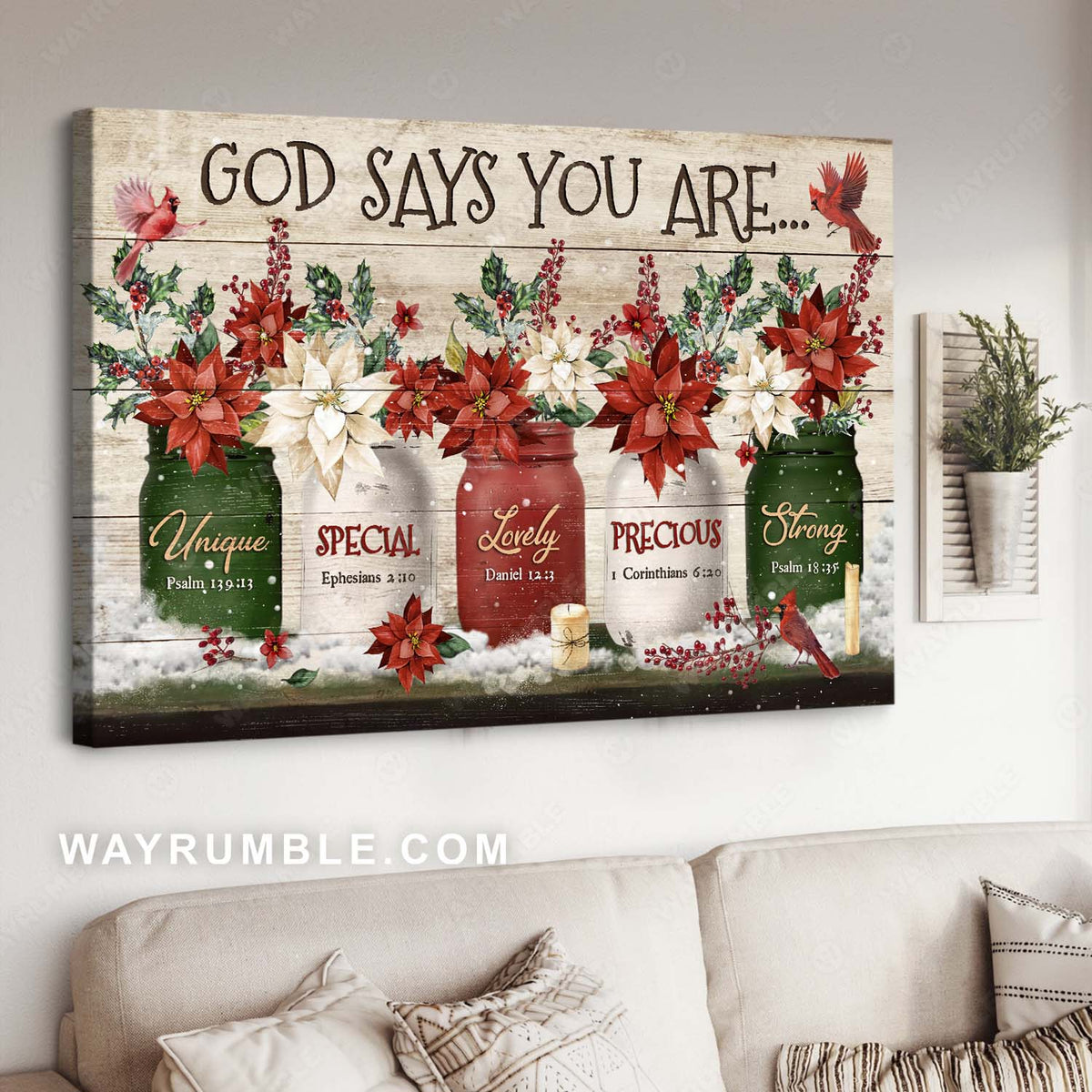 Christmas decoration, Poinsettia flower, Red cardinal, God says you are - Jesus Landscape Canvas Prints, Home Decor Wall Art