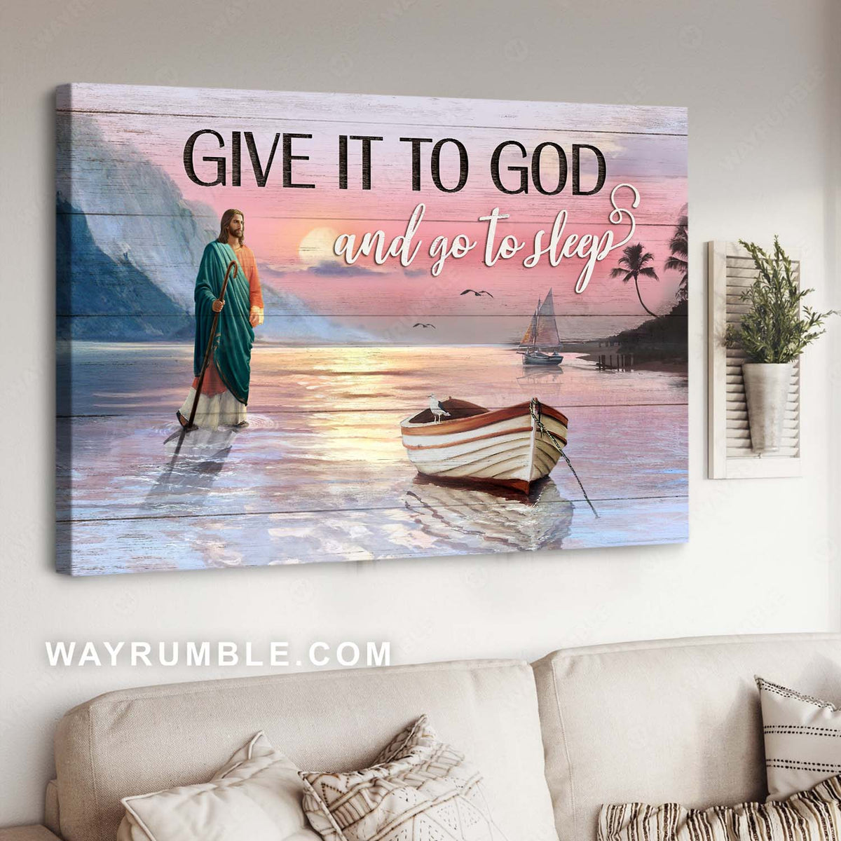 Jesus painting, Sunset on river, Awesome river boat, Give it to God and go to sleep - Jesus Landscape Canvas Prints, Christian Wall Art