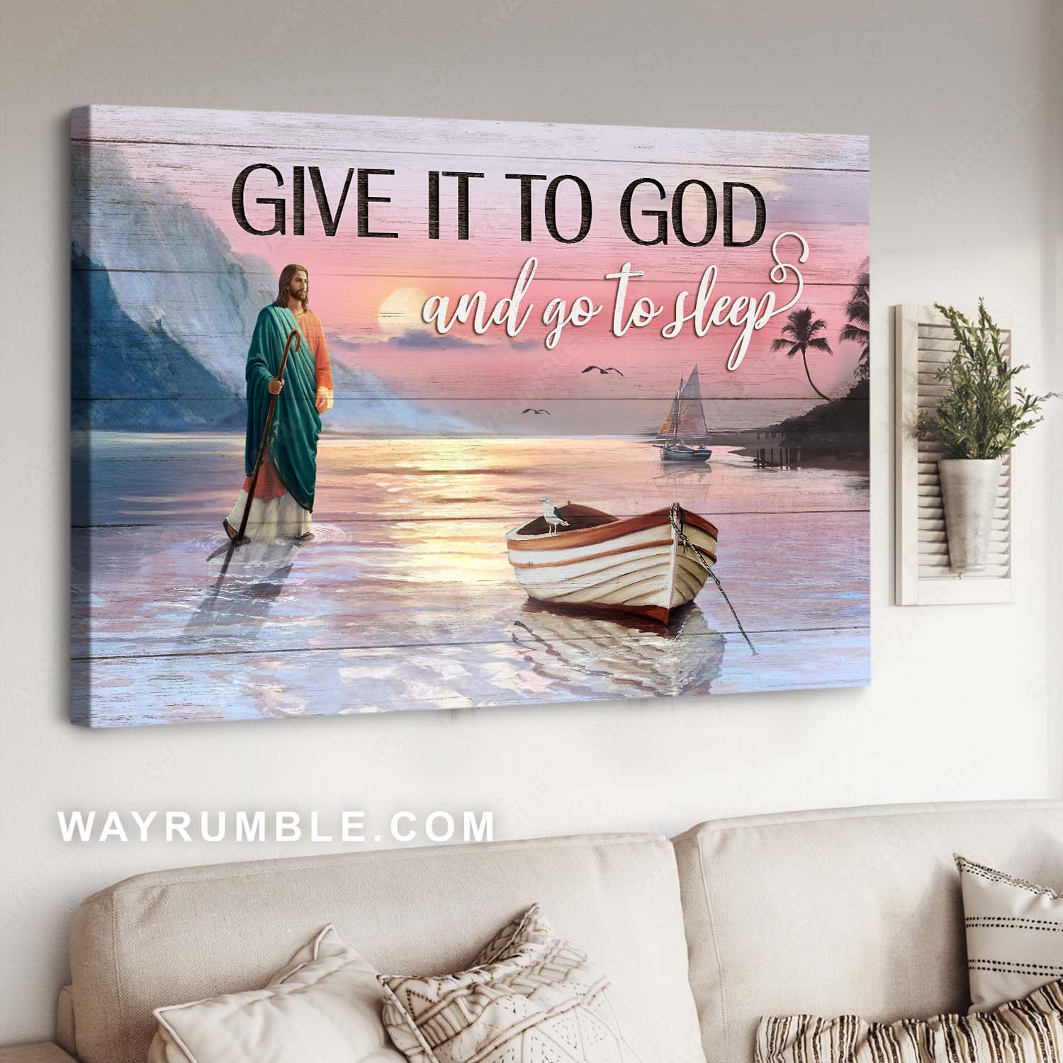 Jesus painting, Sunset on river, Awesome river boat, Give it to God and go to sleep - Jesus Landscape Canvas Prints, Christian Wall Art
