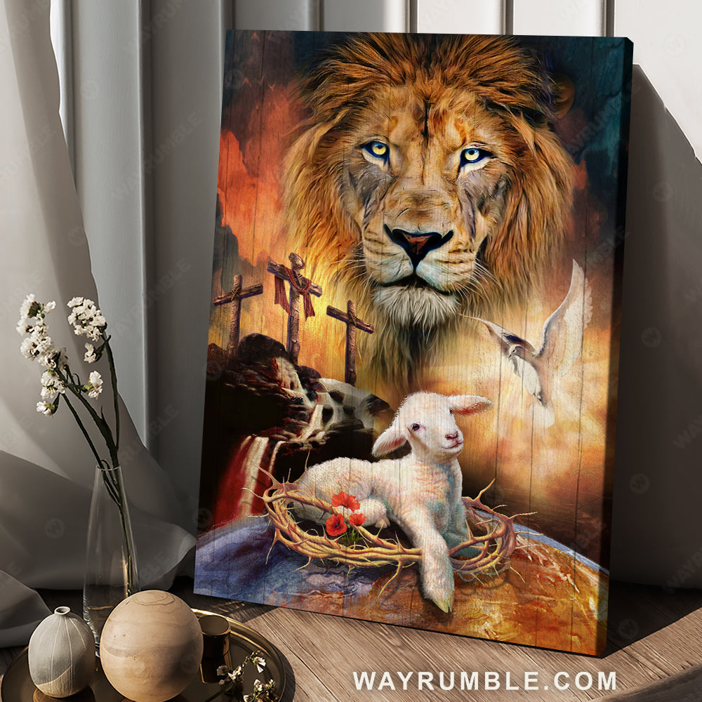 Abstract lion head, Lamb of God, Holy spirit dove, Three crosses on hill - Jesus Portrait Canvas Prints, Christian Wall Art