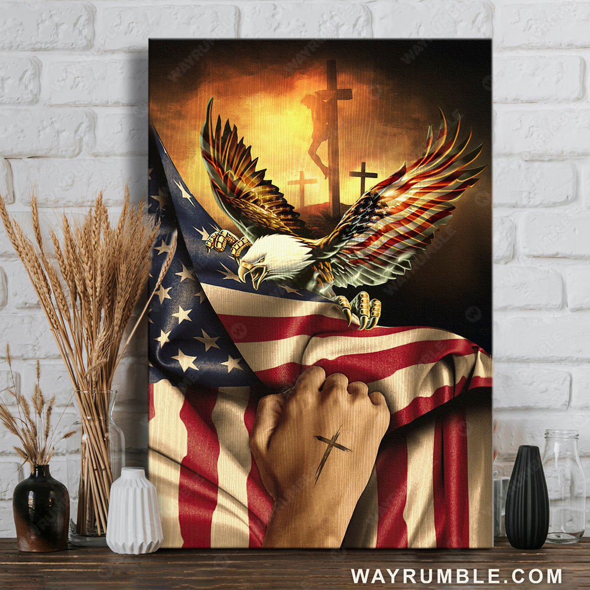 Bald eagle, American flag, Jesus Christ on cross - Jesus Portrait Canvas Prints, Christian Wall Art