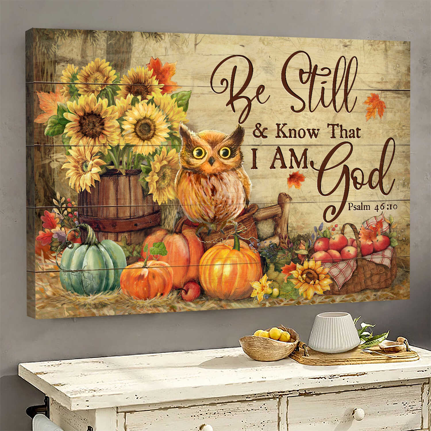 Owl, Pumpkins, Sunflower, Be still and know that I am God - Jesus Landscape Canvas Prints, Wall Art