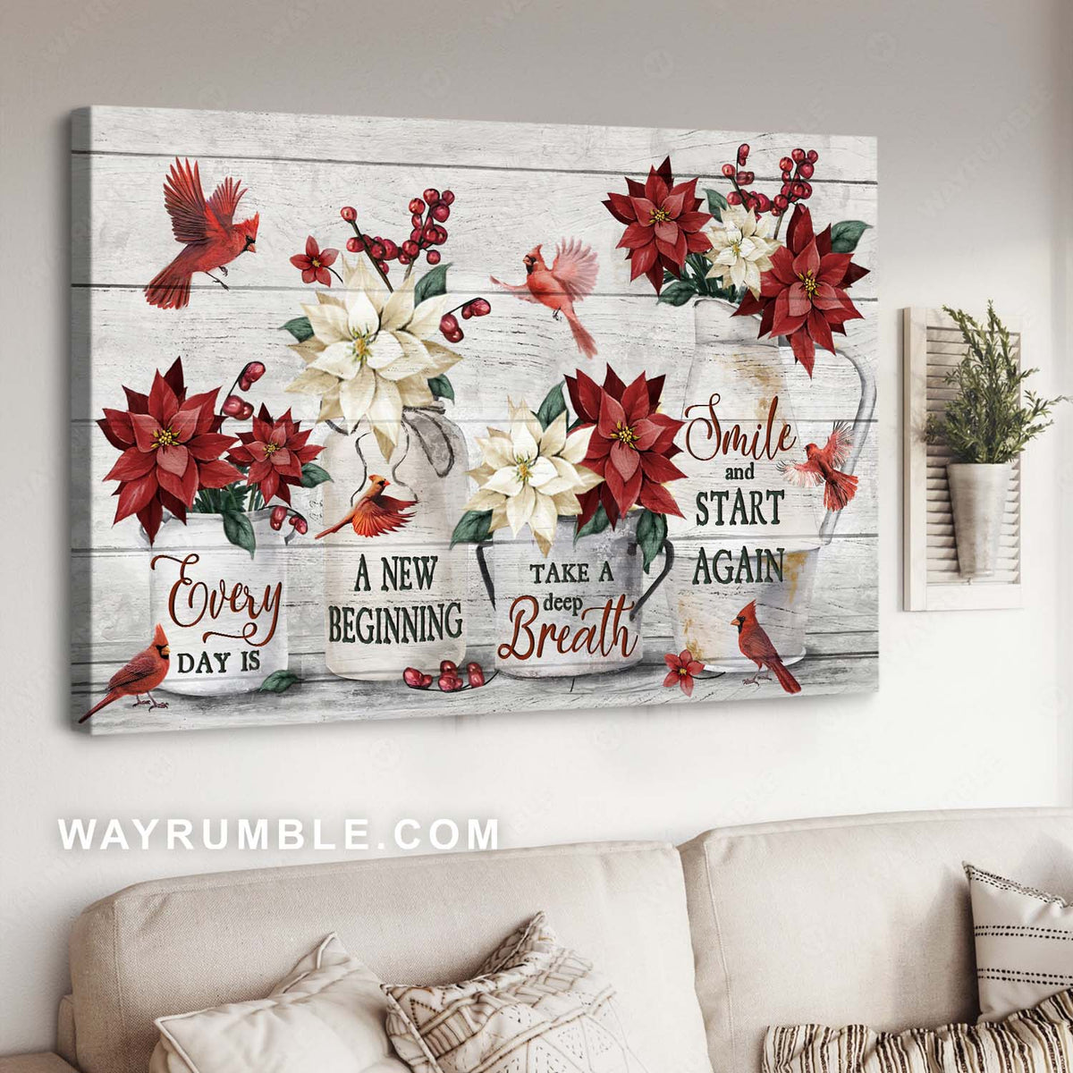 Beautiful flower vase, Poinsettia flower, Red cardinal, Every day is a new beginning - Jesus Landscape Canvas Prints, Home Decor Wall Art