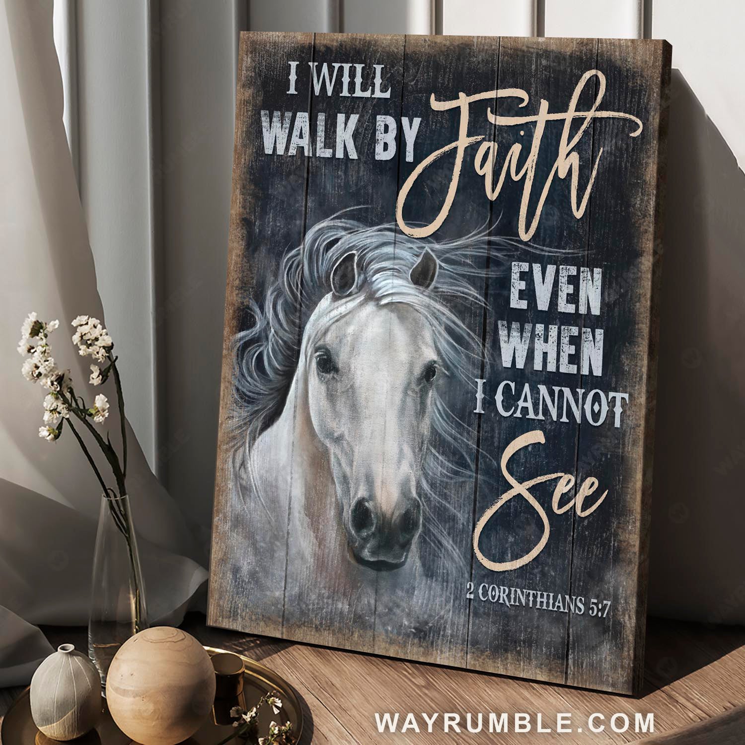 Abstract white horse, Vintage art, Bible verse, Inspirational quote, I will walk by faith - Jesus Portrait Canvas Prints, Home Decor Wall Art