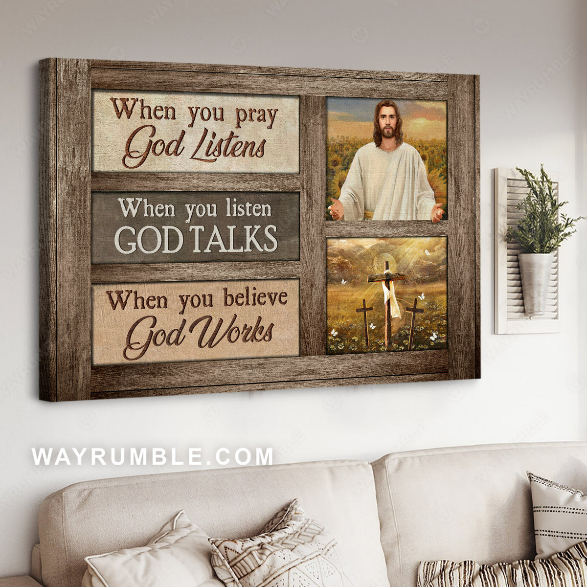 Abstract Jesus painting, Three crosses, Positive quote, When you believe, God works - Jesus Landscape Canvas Prints, Christian Wall Art