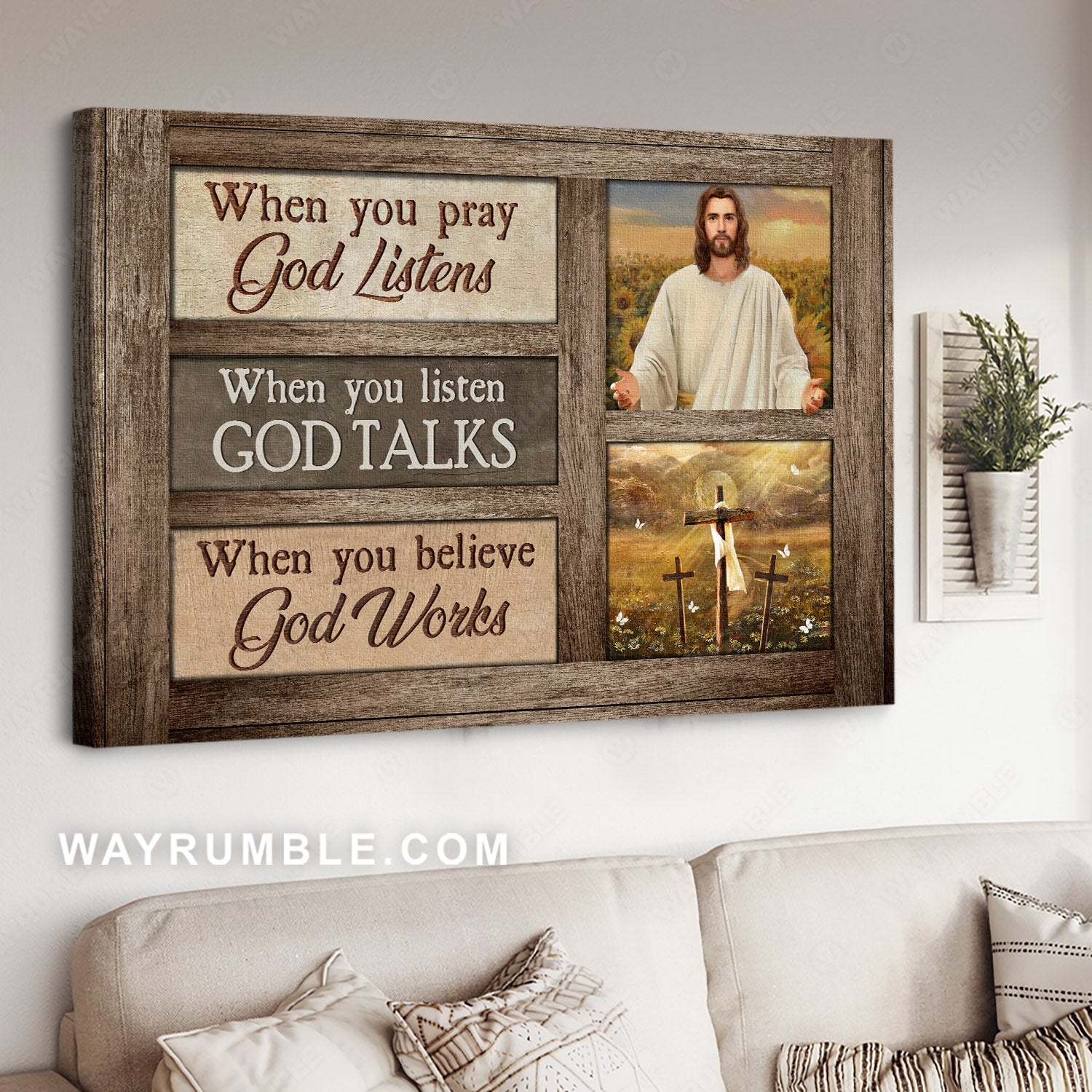 Abstract Jesus painting, Three crosses, Positive quote, When you believe, God works - Jesus Landscape Canvas Prints, Christian Wall Art