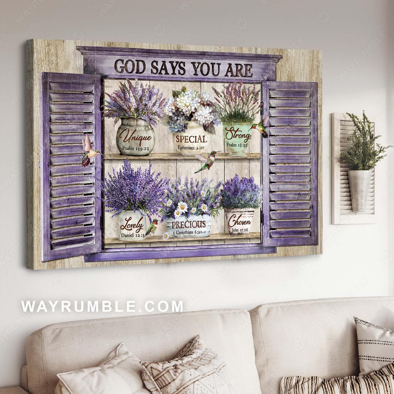 Lavender vase, Watercolor hummingbird, Purple flowers, God says you are - Jesus Landscape Canvas Prints, Home Decor Wall Art