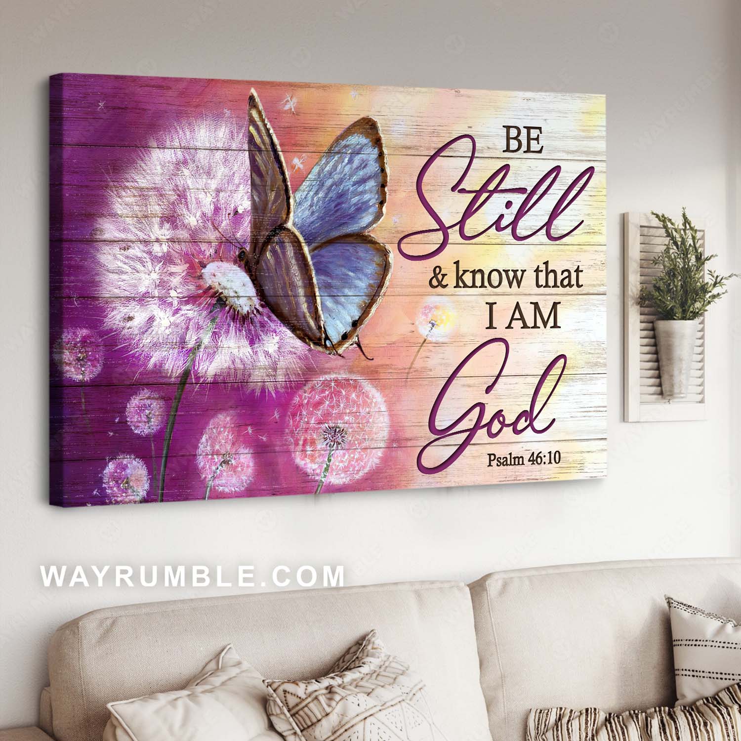 Pretty dandelion, Lovely butterfly, Bible verse, Be still and know that I am God - Jesus Landscape Canvas Prints, Christian Wall Art