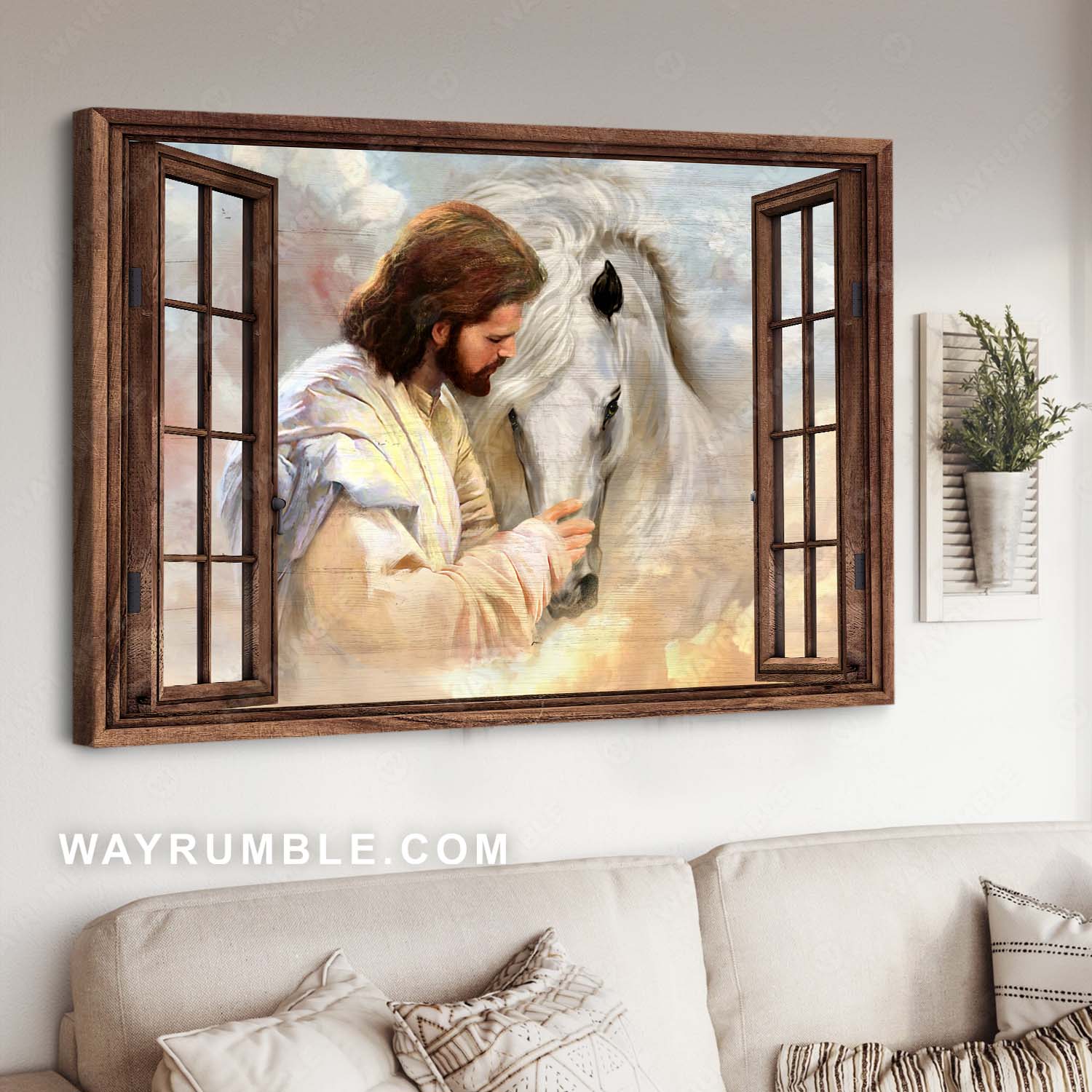 Horse painting, Abstract Jesus drawing, Window frame, In beautiful heaven - Jesus Landscape Canvas Prints, Christian Wall Art