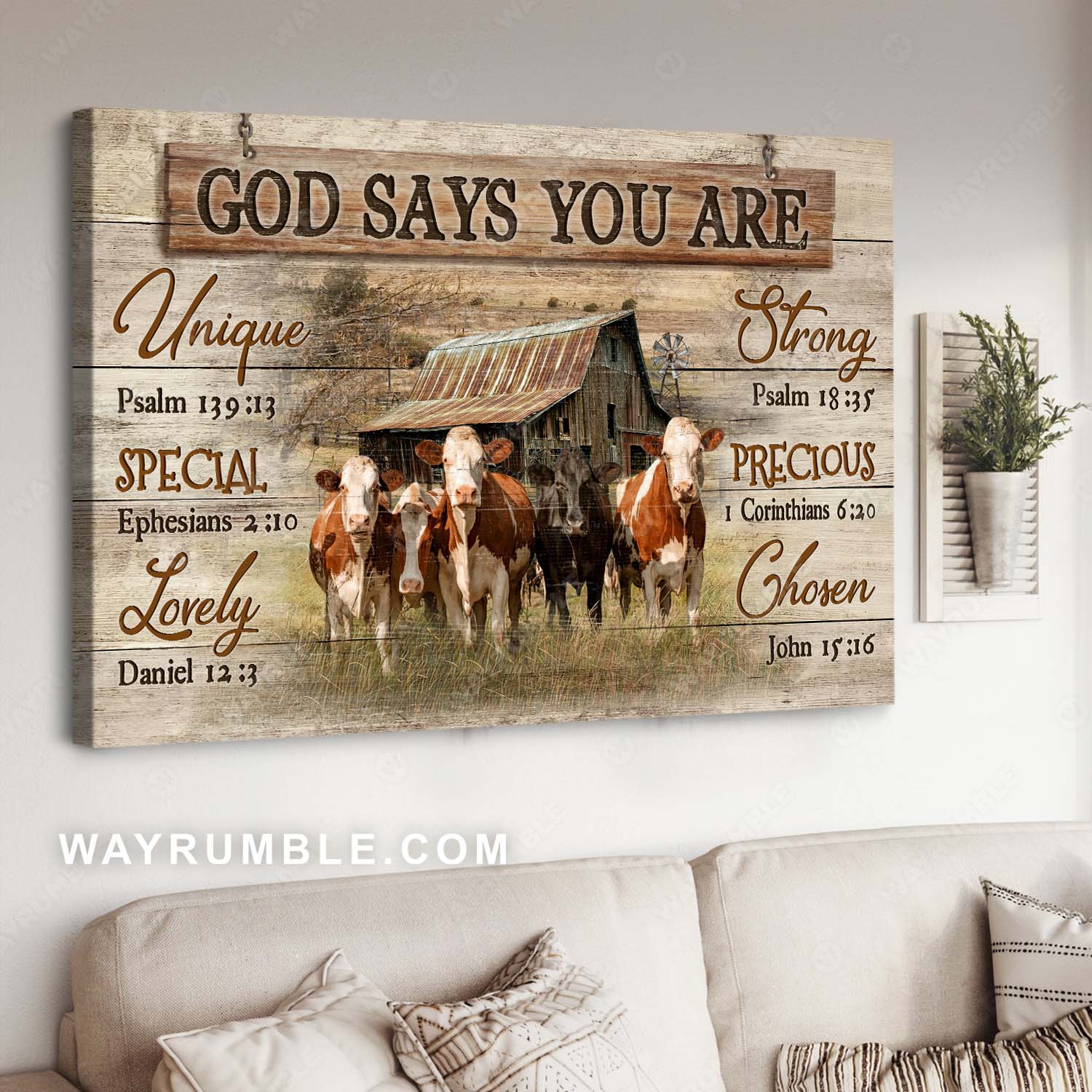 Dairy cow, Rustic farmhouse, Vintage painting, Bible verses, God says you are - Jesus Landscape Canvas Prints, Home Decor Wall Art