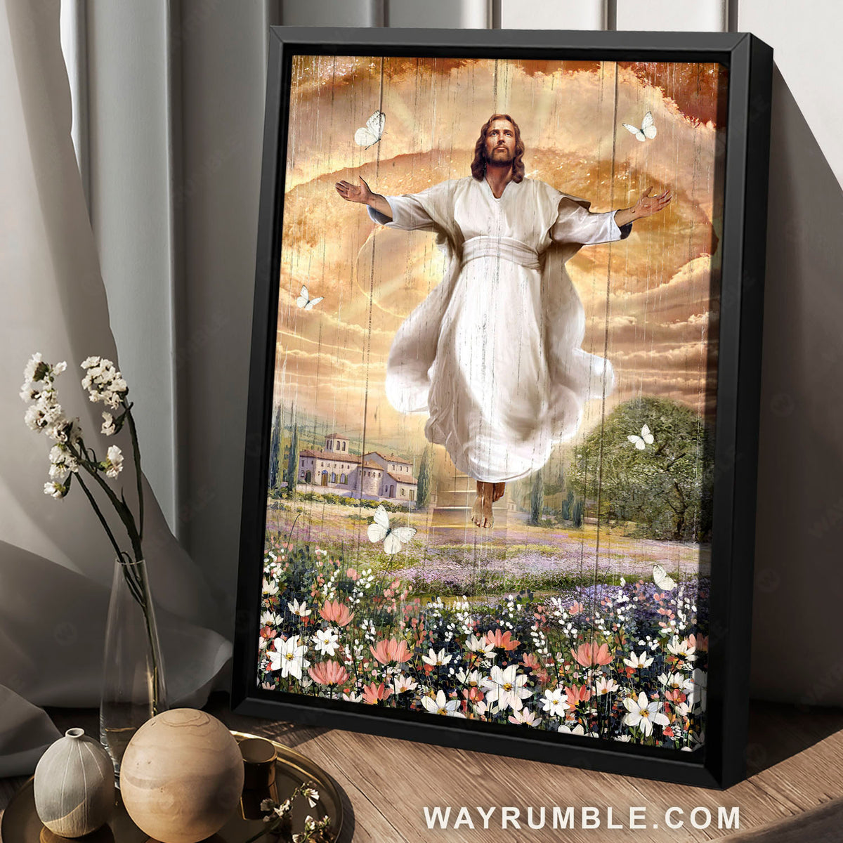 Beautiful flower field, Jesus painting, White butterfly, The aura of God - Jesus Portrait Canvas Prints, Christian Wall Art