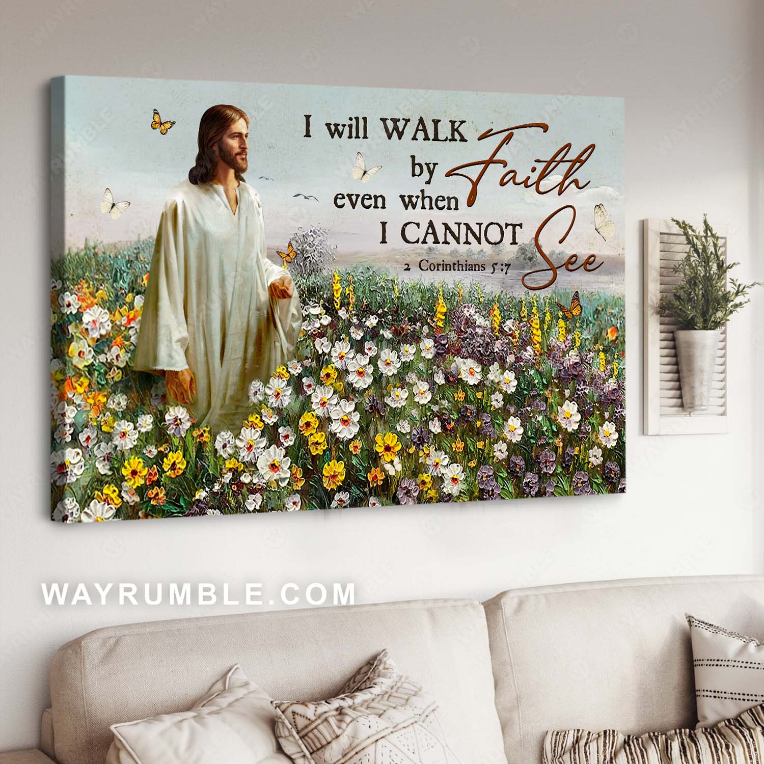 Flower field, Jesus painting, Watercolor butterfly, Bible verse,  I will walk by faith - Jesus Landscape Canvas Prints, Christian Wall Art