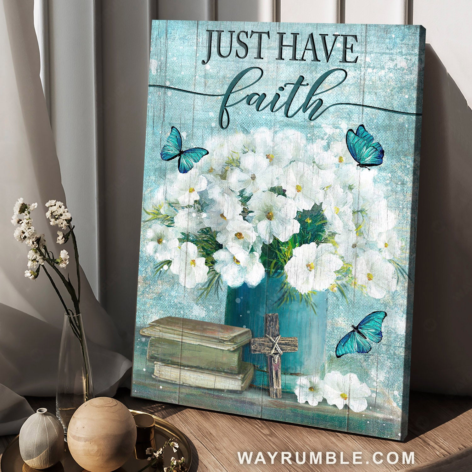 Camellia flower, Blue butterfly, Wooden cross, Just have faith - Jesus Portrait Canvas Prints, Home Decor Wall Art