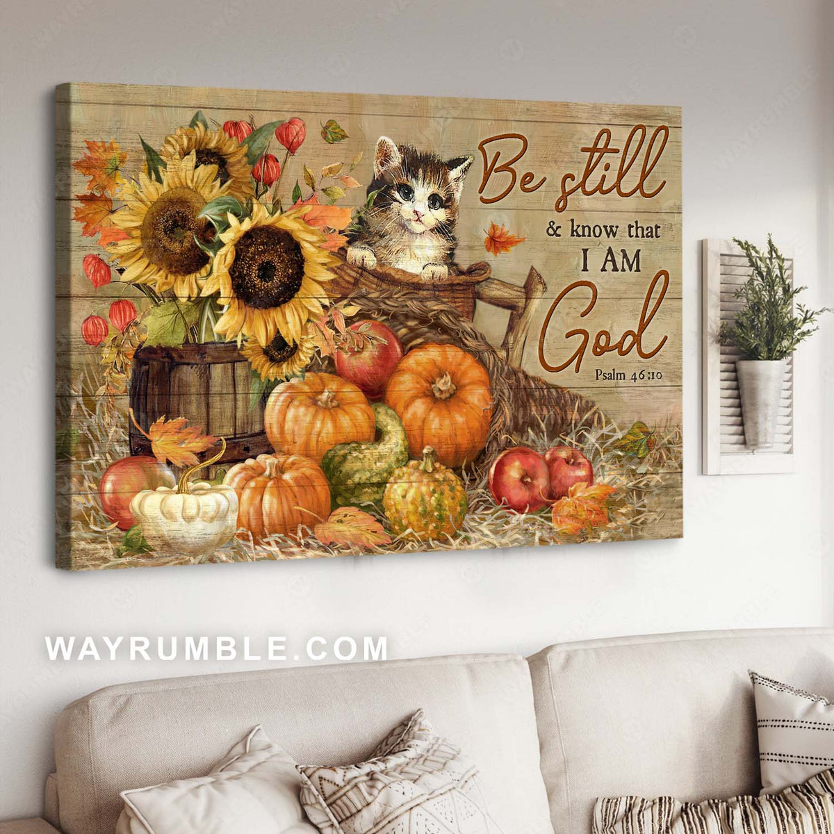 Cute kitten, Rustic sunflower, Pumpkin drawing, Be still &amp; know that I am God - Jesus Landscape Canvas Prints, Home Decor Wall Art