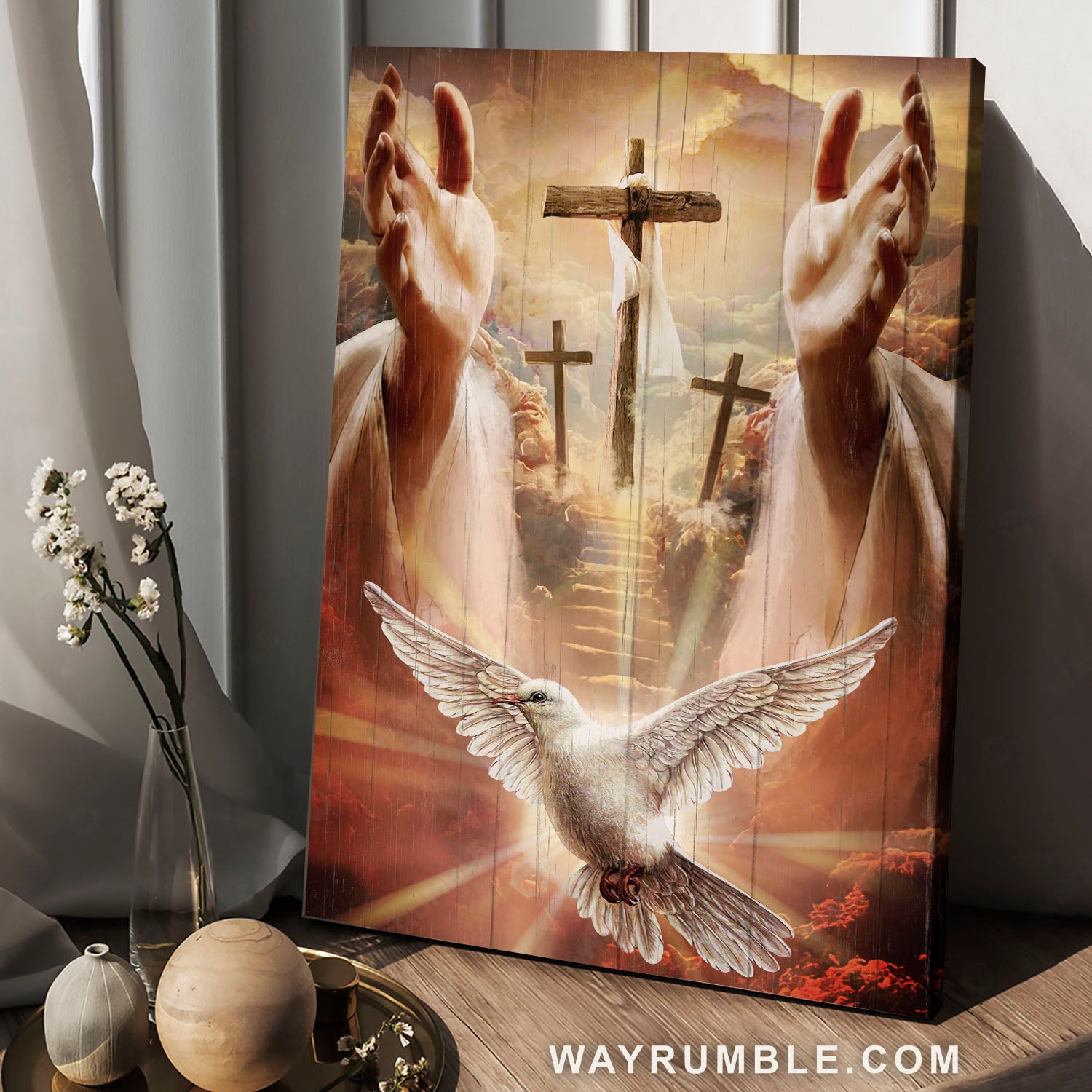 Holy spirit dove, Three wooden crosses, Jesus hands, Path to heaven - Jesus Portrait Canvas Prints, Christian Wall Art