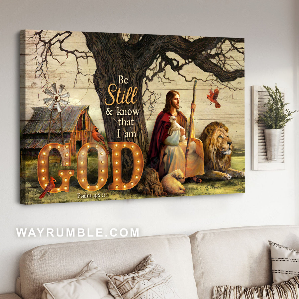 Lion of Judah, Lamb of God, Red cardinal, Be still and know that I am God - Jesus Landscape Canvas Prints, Christian Wall Art