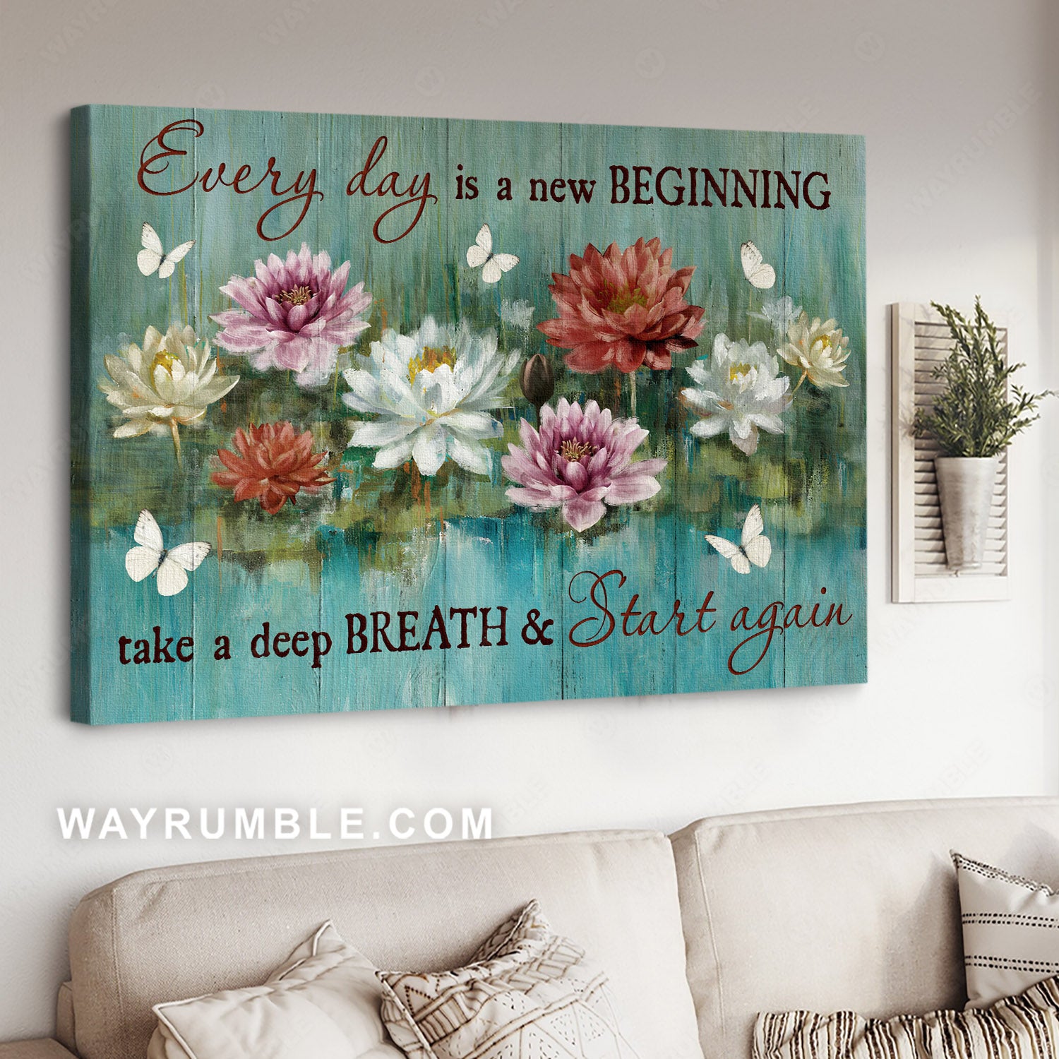 Watercolor water lily, Butterflies, Abstract painting, Every day is a new beginning - Jesus Landscape Canvas Prints, Home Decor Wall Art