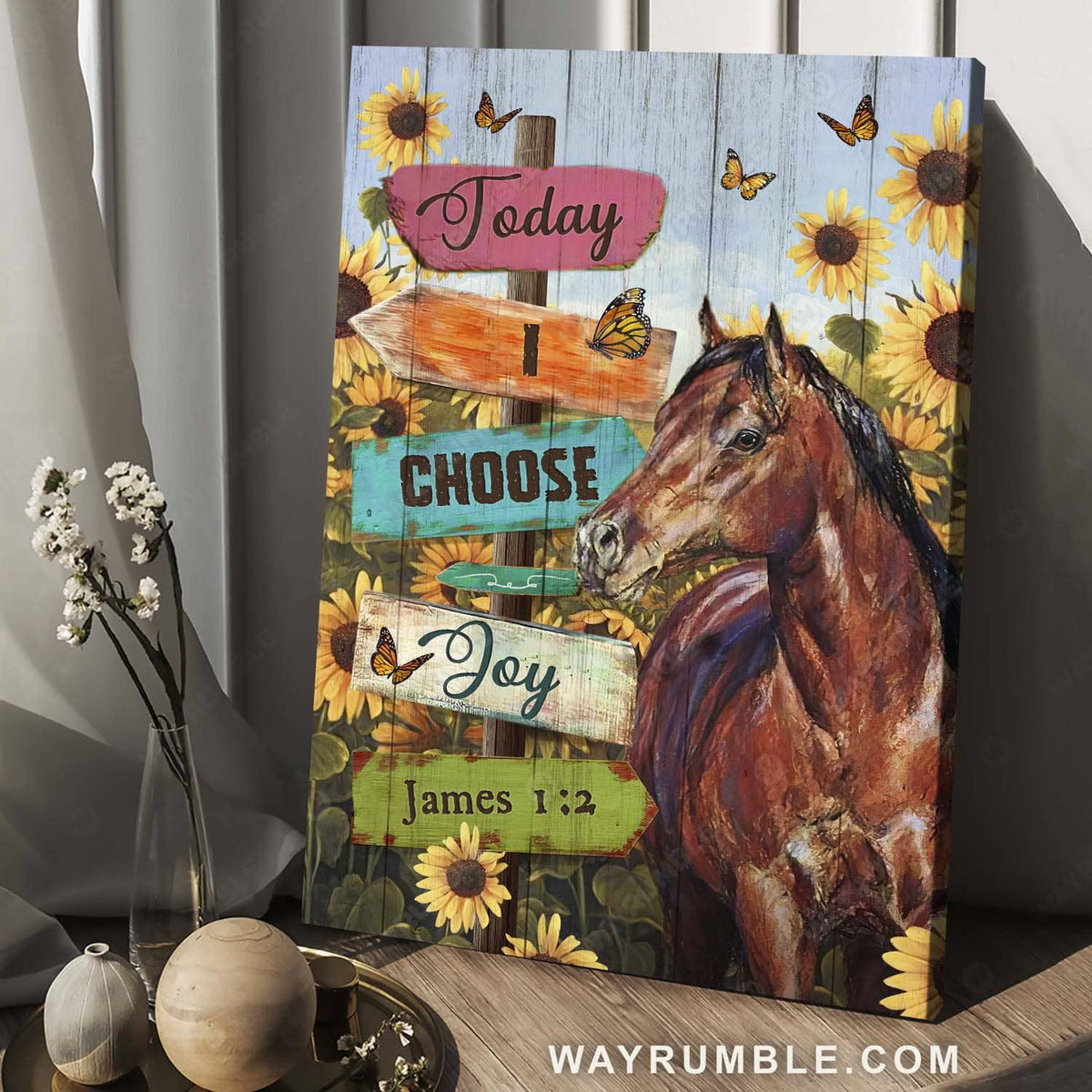 Abstract horse painting, Sunflower field, Monarch butterfly, Today I choose joy - Jesus Portrait Canvas Prints, Home Decor Wall Art